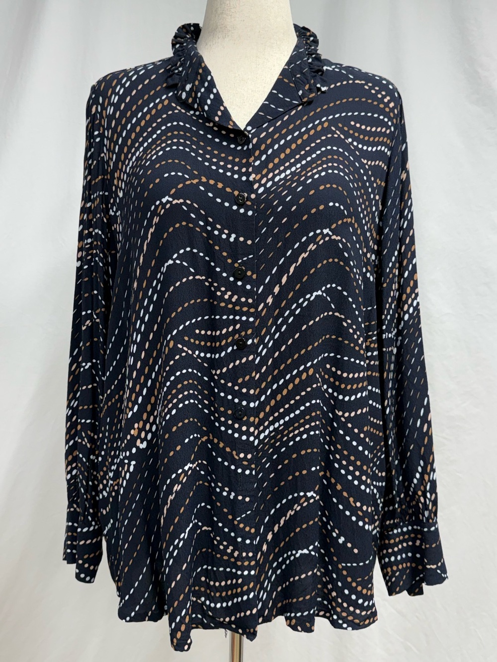 Ulla Popken Black Wave Dot Button-Front Blouse